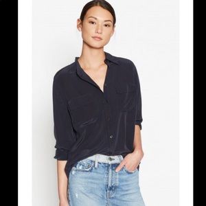 Blue silk button down shirt